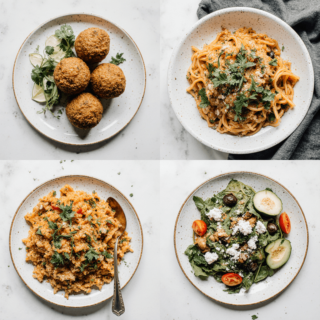 Falafel, Pasta Primavera, Chana Masala, Greek Salad